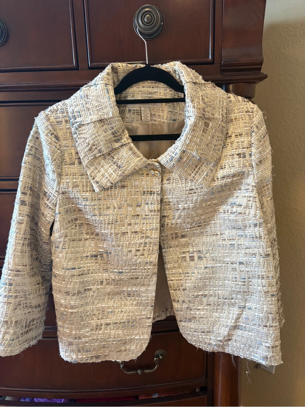 Cream Textured Tweed Women's Jacket - Classic Collared Blazer